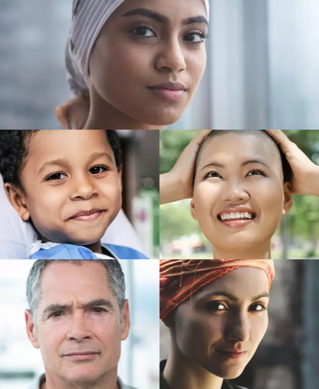 A collage of five diverse faces: a woman in a hijab, a young boy smiling, a bald woman beaming, a middle-aged man with a serious expression, and a woman with a scarf, all showcasing various expressions and backgrounds.