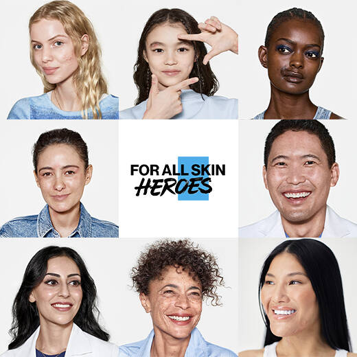 A diverse group of six individuals of varying ethnicities and appearances smiling, with the text "FOR ALL SKIN HEROES" in bold at the top left.