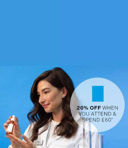 A woman in a lab coat holds a bottle of serum while looking at a laptop, with a blue background. A promotional bubble indicates a 15% discount for attending and spending £60.