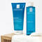 Two skincare products displayed: a blue tube labeled "Effaclar Purifying Foaming Gel" and a blue bottle labeled "Effaclar Astringent Lotion," both from La Roche-Posay, designed for oily and sensitive skin.