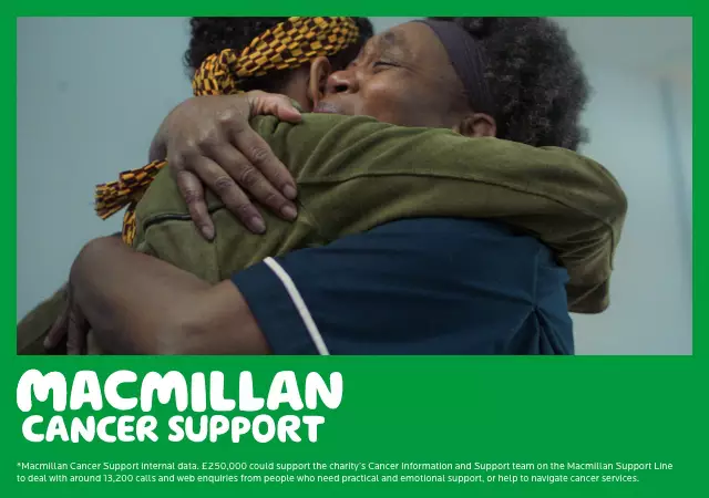A warm embrace between two individuals, conveying support and compassion, in a setting associated with Macmillan Cancer Support.