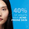 Close-up of a woman's face with black hair, accompanied by text stating "40% of adults have acne-prone skin" on a blue background.