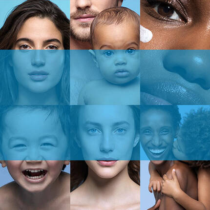 A diverse collage of close-up portraits showcasing various individuals, including a baby, children, and adults, all with natural expressions against a light blue background.