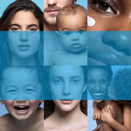 A diverse collage of close-up portraits showcasing various individuals, including a baby, children, and adults, all with natural expressions against a light blue background.