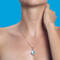 Close-up of a person's neck and shoulder against a bright blue background, with one hand touching the neck.
