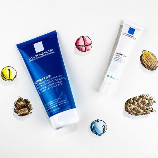 Two skincare products from La Roche-Posay are displayed on a white background, flanked by illustrations of colorful round shapes and pine cones. The products include a blue tube labeled "Effaclar Purifying Foaming Gel" and a white tube of "Effaclar Serum."
