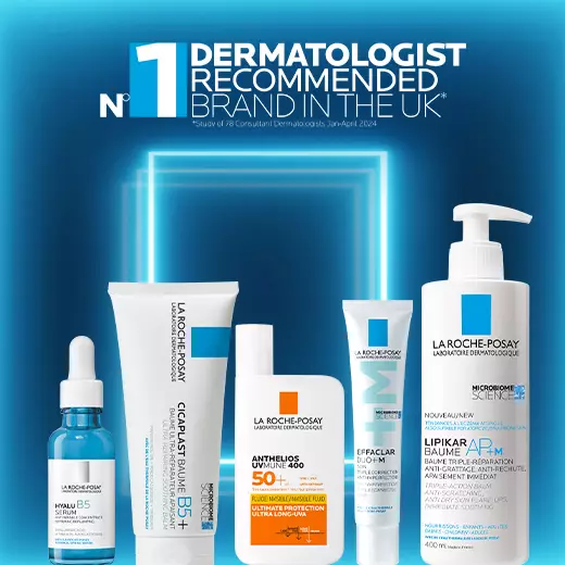 A visually appealing image featuring skincare products from La Roche-Posay, including serums, moisturizers, and sunscreen, arranged against a vibrant blue background. The text emphasizes that it is the number 1 dermatologist recommended brand in the UK.