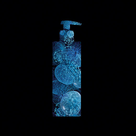 Abstract arrangement of intricate blue shapes and patterns resembling microscopic organisms, set against a black background.