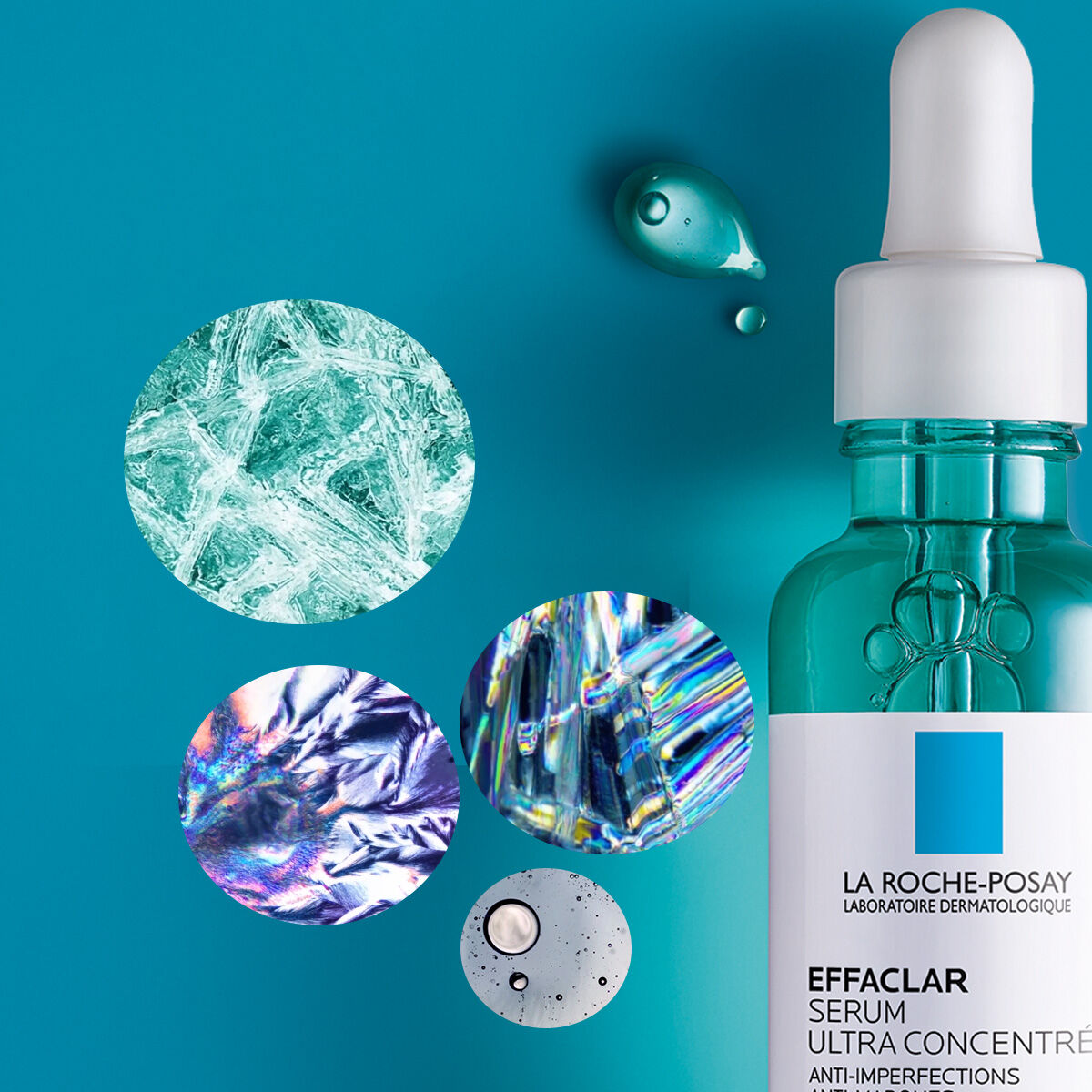 Alt text: A close-up of the La Roche-Posay Effaclar Serum bottle, surrounded by abstract circular designs featuring colorful textures and bubble patterns, all set against a turquoise background.