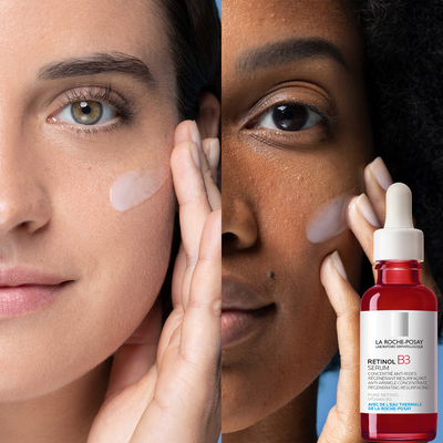 Close-up of two individuals applying retinol skincare product to their cheeks, shown alongside La Roche-Posay Retinol B3 Serum, illustrating retinol use and the skin adjustment period often associated with retinol purging.