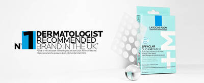 A bottle of La Roche-Posay Effaclar gel, featuring a turquoise design with the brand's logo and product name prominently displayed, surrounded by small bubbles and droplets.