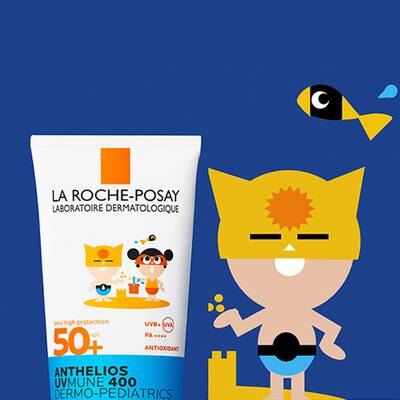 Anthelios Dermo-Pediatrics Lotion SPF50+ next to a simple cartoon graphic of a boy playing on the beach.