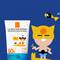 Anthelios Dermo-Pediatrics Lotion SPF50+ next to a simple cartoon graphic of a boy playing on the beach.