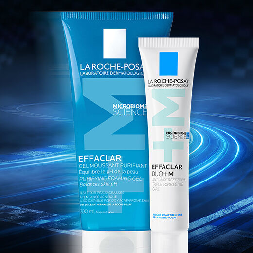 A promotional image featuring two skincare products from La Roche-Posay with Ollie Bearman applying the products