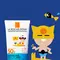 Anthelios Dermo-Pediatrics Lotion SPF50+ next to a simple cartoon graphic of a boy playing on the beach.