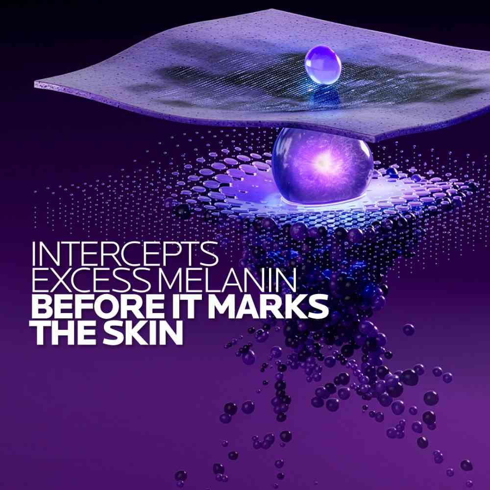 Graphic showing Mela B3 intercepting excess melanin before it marks the skin