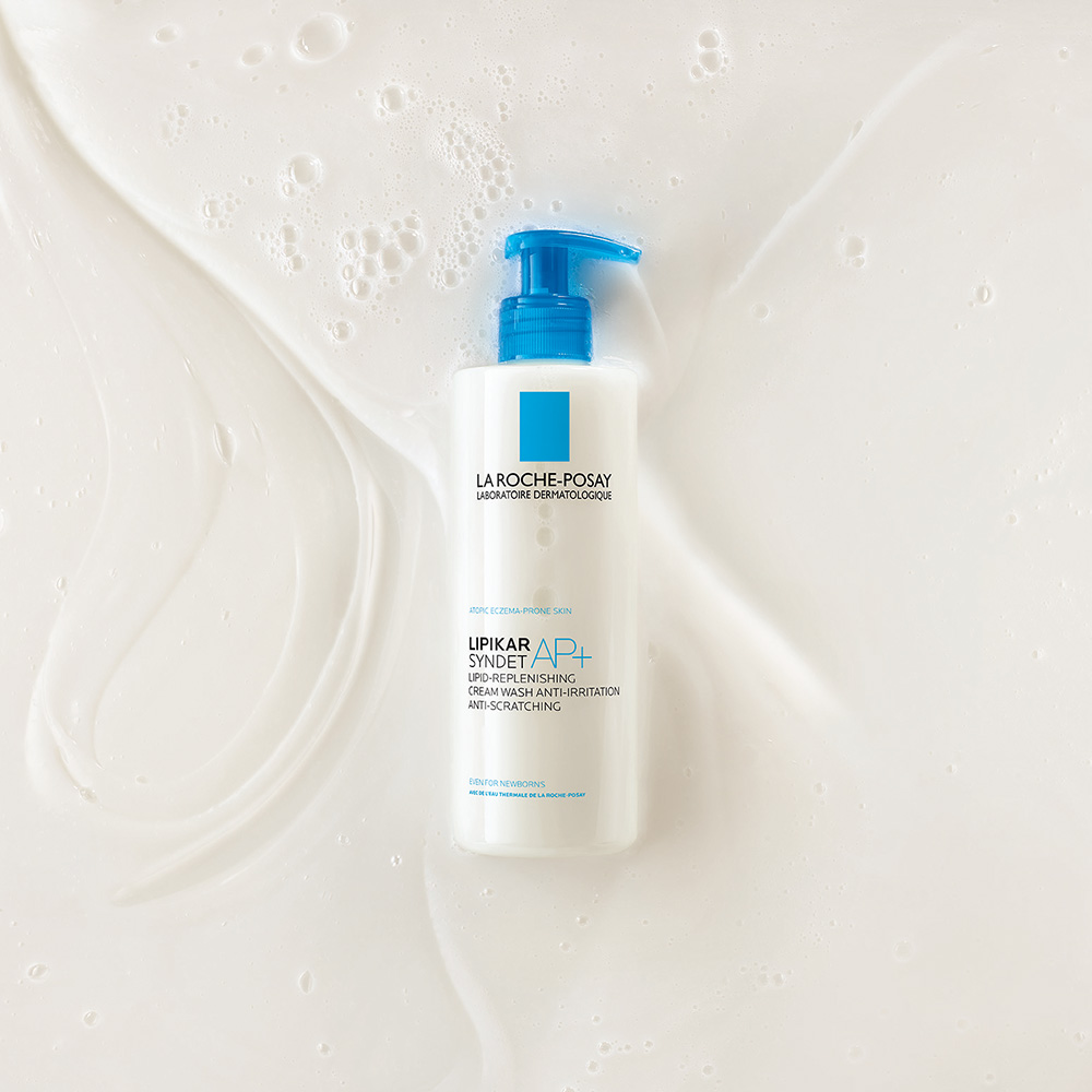 La Roche-Posay’s Lipikar Syndet AP+ with a creamy formula to manage dry, eczema-prone skin on her neck