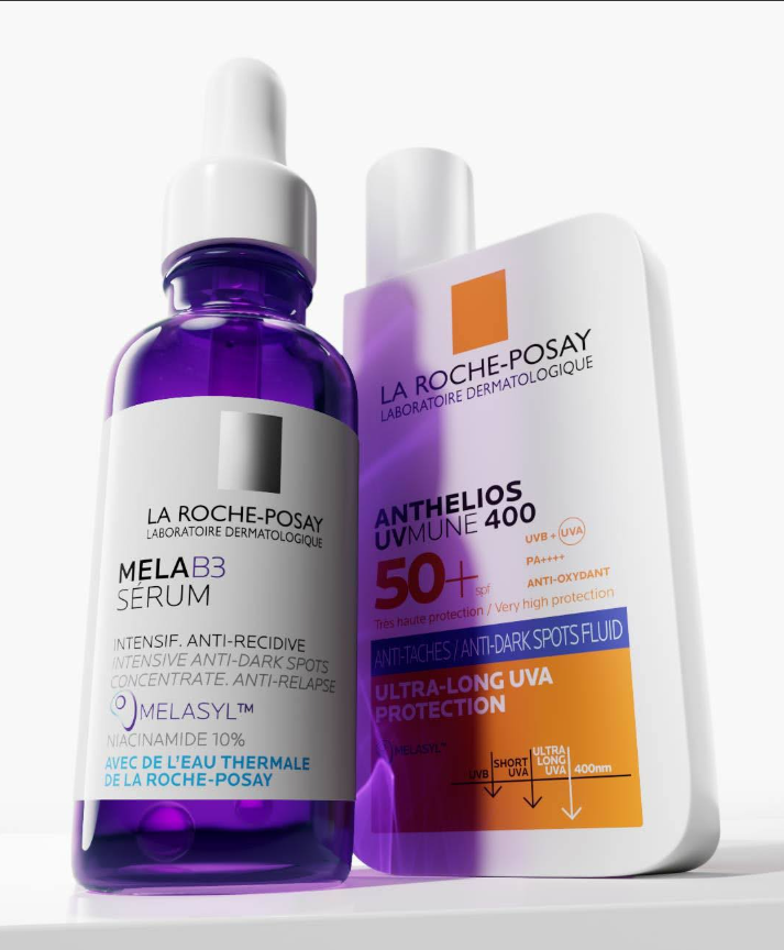 An Instagram post from La Roche-Posay with a product shot of Mela B3 Serum and Anthelios UVMUNE 400 Anti-Dark Spots.