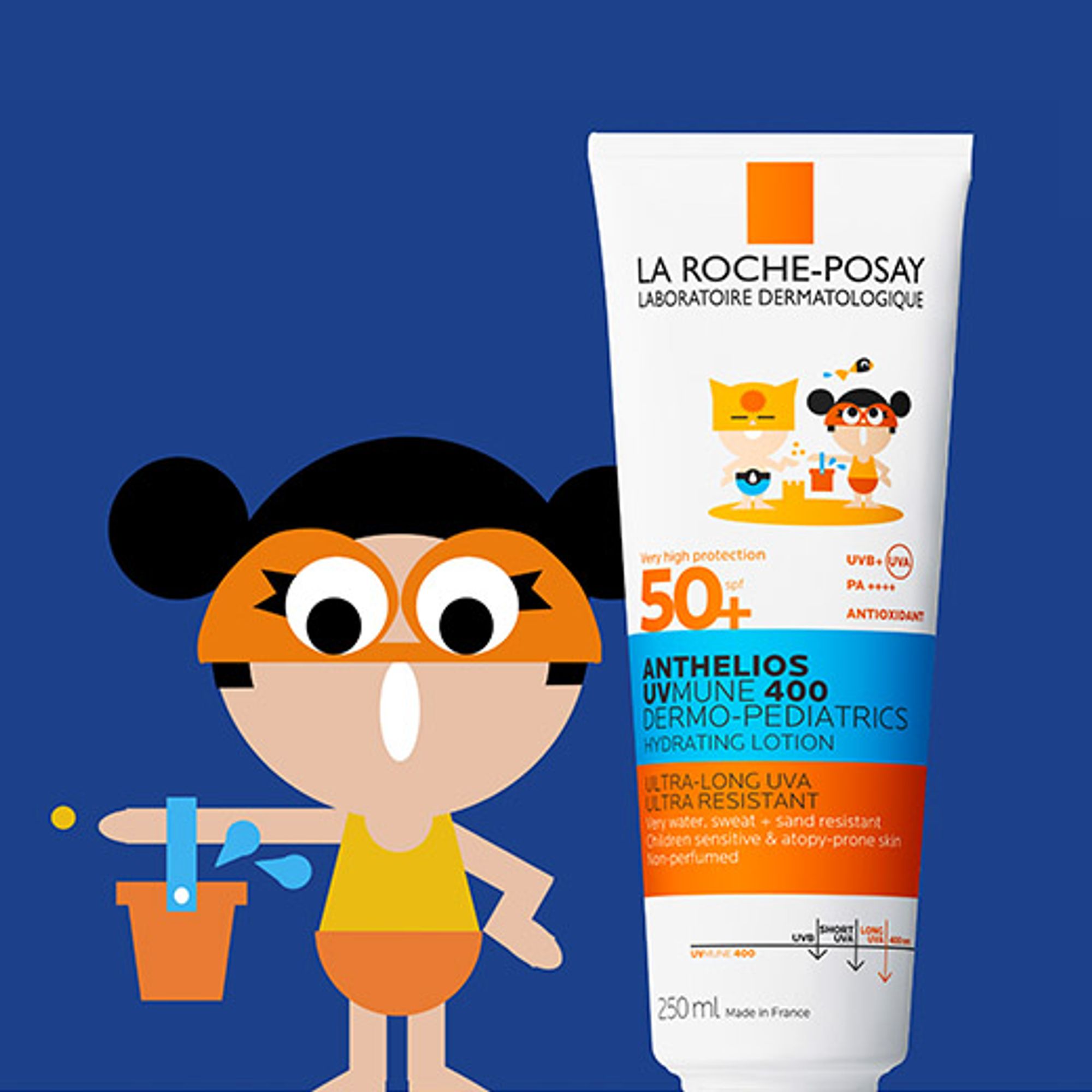 Anthelios Dermo-Pediatrics Lotion SPF50+ next to a simple cartoon graphic of a girl playing on the beach.