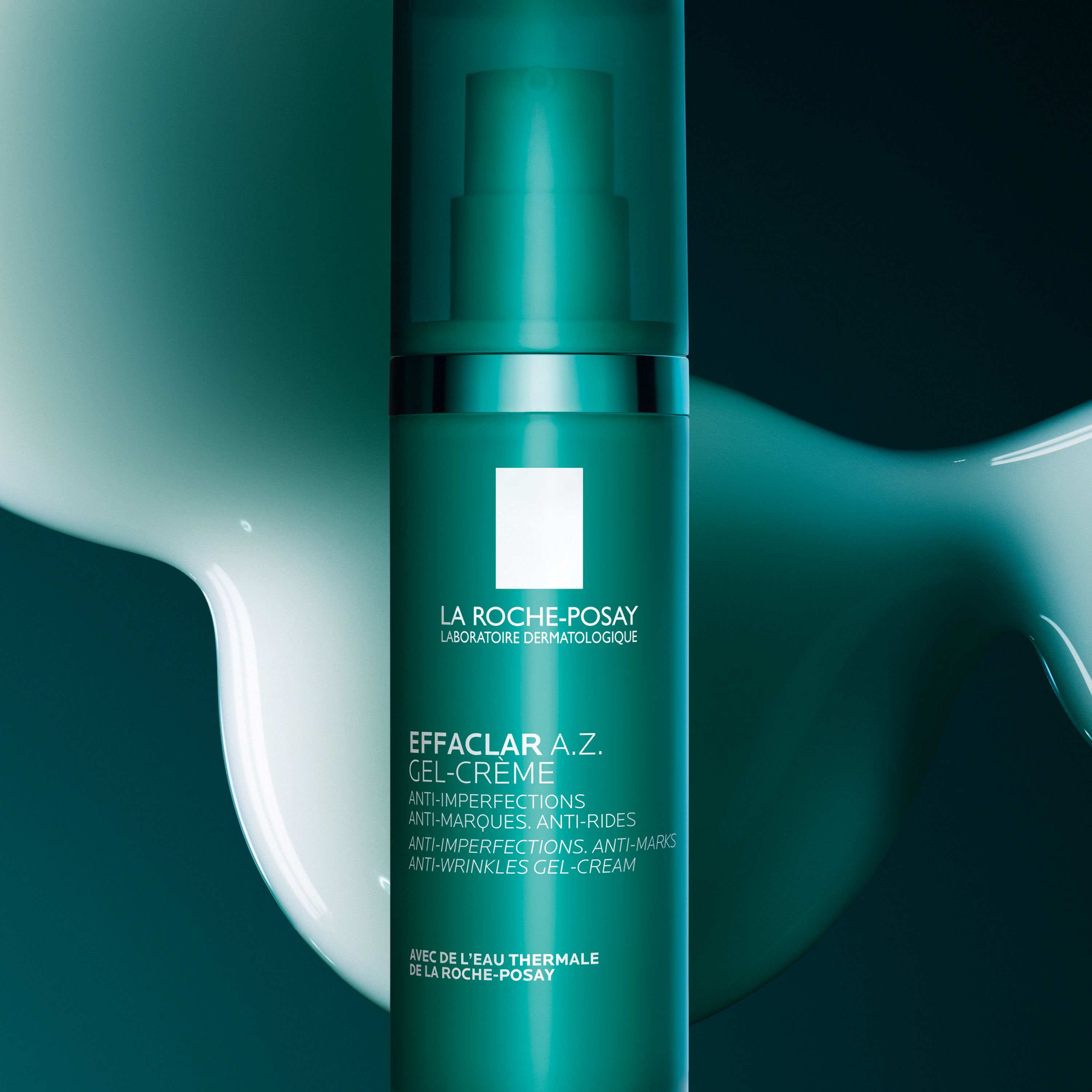 Effaclar A.Z. Gel Cream in front of a creamy formula with a teal hue