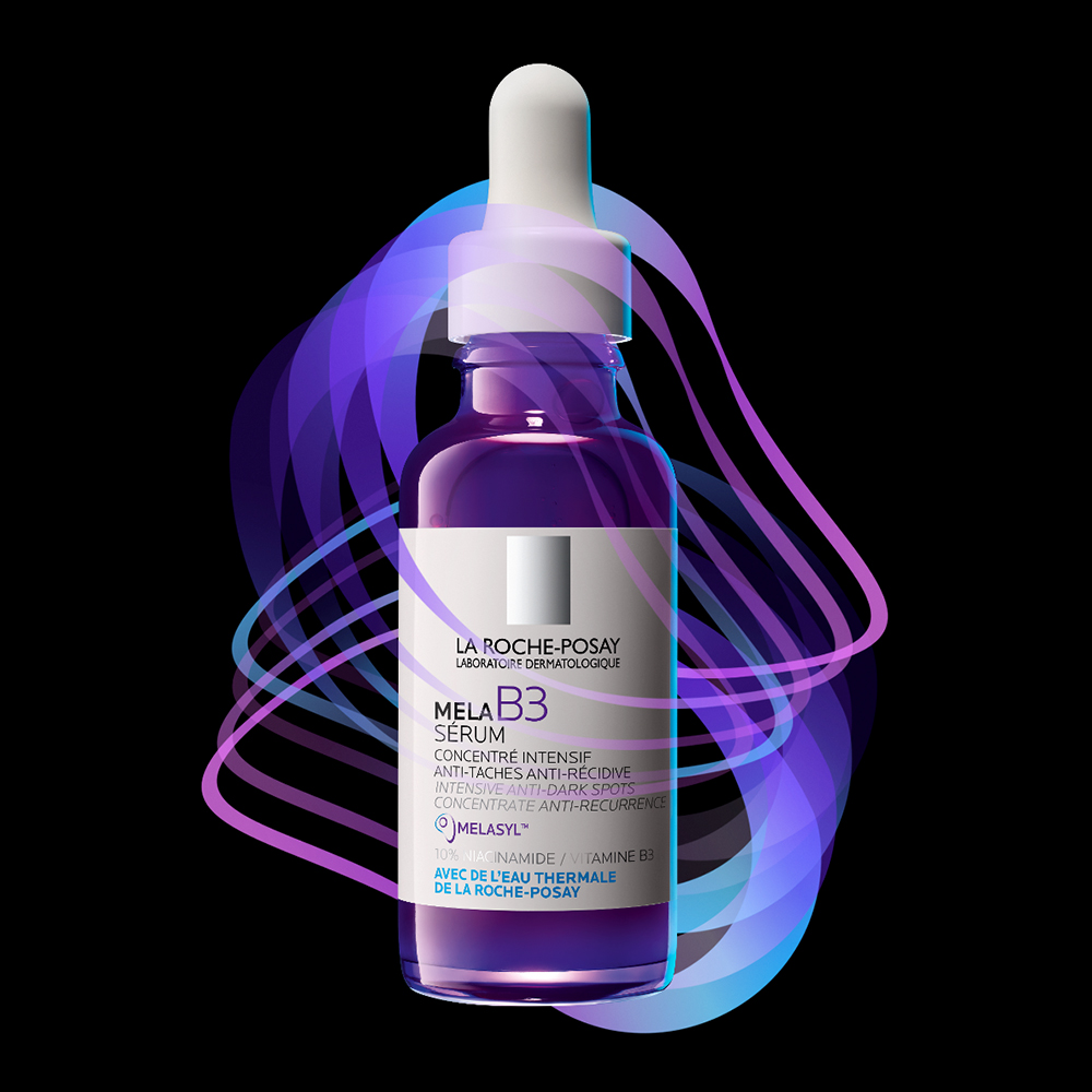Mela B3 Serum surrounded by a purple light trail 